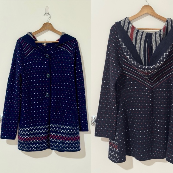 Free People Wool Blend Hooded Sweater Cardigan Coat Fair Isle Nordic L - Picture 1 of 7